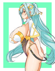 Rule 34 | 1girl, aqua hair, arms at sides, border, breasts, cowboy shot, epic seven, expressionless, from side, gold trim, hair between eyes, hair intakes, hair ornament, huge breasts, leaning forward, leotard, long hair, outside border, parted lips, red eyes, rein (rafael 3682), revealing clothes, roana (epic seven), solo, thighs, twintails, very long hair