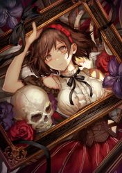 Rule 34 | 1girl, bed sheet, black bow, bow, breasts, brown eyes, brown hair, center frills, closed mouth, commentary request, crack, dutch angle, flower, frills, hair bow, hairband, highres, large breasts, looking at viewer, lying, okuma mai, on back, original, picture frame, purple flower, red bow, red flower, red hairband, red rose, red skirt, revision, rose, shirt, short hair, skirt, skull, sleeveless, sleeveless shirt, solo, striped clothes, striped skirt, underbust, vertical-striped clothes, vertical-striped skirt, white shirt