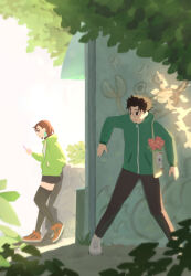 1boy 1girl absurdres ayase_momo bag black_hair black_pants black_skirt black_thighhighs blush brown_hair commentary dandadan dappled_sunlight earrings eloicmoi english_commentary flower from_side full_body glasses green_hoodie green_jacket hiding highres holding holding_phone hood hoodie jacket jewelry medium_hair miniskirt outdoors pants parted_lips phone profile red_flower red_footwear round_eyewear shoes short_hair shoulder_bag skirt sneakers standing sunlight takakura_ken_(dandadan) tank_top thighhighs tree turbo_granny waiting white_footwear white_tank_top zettai_ryouiki