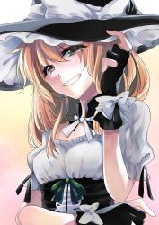 Rule 34 | 1girl, black gloves, blonde hair, bow, brown eyes, corset, detached collar, flower, gloves, gradient background, green bow, grin, hand on headwear, hat, hat bow, highres, katayama kei, kirisame marisa, partially fingerless gloves, puffy short sleeves, puffy sleeves, rose, short sleeves, smile, solo, touhou, upper body, white bow, white flower, white rose, witch hat