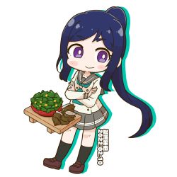 Rule 34 | 1girl, artist name, artist request, bare legs, black legwear, blue hair, blush, breasts, buttons, chibi, collarbone, crossed arms, female focus, food, full body, green neckerchief, green necktie, grey sailor collar, grey skirt, hair between eyes, high ponytail, layered skirt, long hair, long sleeves, looking at viewer, love live!, love live! sunshine!!, matsuura kanan, miniskirt, neckerchief, necktie, parted lips, plaid, plaid skirt, pleated, pleated skirt, ponytail, purple eyes, sailor collar, school uniform, shirt, shoes, skirt, small breasts, smile, solo, standing, tie clip, uranohoshi school uniform, white background, white shirt