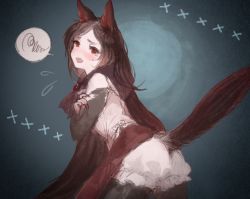 Rule 34 | 1girl, animal ears, arm hair, bad id, bad twitter id, bloomers, blush, brown hair, dress, fang, fingernails, flying sweatdrops, gin fragrans, gradient background, hairy legs, imaizumi kagerou, long fingernails, long hair, looking at viewer, looking back, nail polish, open mouth, red eyes, solo, speech bubble, sweatdrop, tail, tears, torn clothes, torn sleeves, touhou, underwear, wolf ears, wolf tail