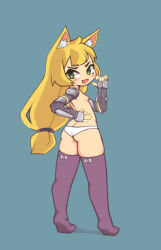 Rule 34 | 1girl, animal ear fluff, animal ears, ass, black thighhighs, blonde hair, blue background, blush, bow, breasts, butt crack, commission, fang, female focus, fox ears, fox girl, from behind, full body, gluteal fold, green eyes, hair tie, hand on own hip, highres, long hair, looking at viewer, looking back, low ponytail, mechanical arms, micro panties, nipples, open mouth, original, panties, panties only, qtkat, simple background, small breasts, solo, standing, thighhighs, thighs, tiptoes, topless, underwear