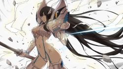 Rule 34 | 10s, 1girl, armor, black hair, blue eyes, breasts, cleavage, cleavage cutout, clothing cutout, cropped, debris, female focus, gloves, highres, holding, junketsu, katana, kill la kill, kiryuuin satsuki, large breasts, long hair, md5 mismatch, midriff, mushiboy, navel, resized, resolution mismatch, revealing clothes, solo, sparkle, spikes, suspenders, sword, thighhighs, upscaled, very long hair, wallpaper, weapon
