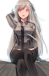 Rule 34 | 1girl, ak-12 (girls&#039; frontline), arm behind head, arm up, artificial eye, bad id, bad pixiv id, bang (gesture), black gloves, black pants, cizzi, collared shirt, crossed legs, finger gun, girls&#039; frontline, gloves, glowing, glowing eyes, hair ribbon, highres, long hair, midriff, open mouth, pants, parted bangs, pink eyes, ribbon, shirt, silver hair, sitting, tactical clothes