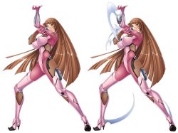 Rule 34 | 00s, 1girl, aoi nagisa (metalder), blue eyes, bodysuit, breasts, brown hair, covered erect nipples, female focus, fighting stance, full body, high heels, hime cut, impossible clothes, koukawa asuka, large breasts, lilith-soft, long hair, looking at viewer, multiple views, ninja, no bra, open mouth, simple background, skin tight, smile, taimanin (series), taimanin asagi, thighhighs, very long hair, weapon, white background