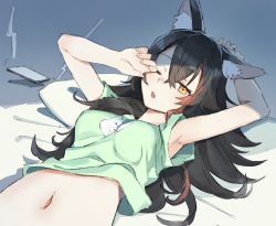 Rule 34 | 1girl, animal ears, armpits, arms up, bed, black hair, green skirt, highres, hololive, long hair, looking at viewer, lying, multicolored hair, navel, on back, one eye closed, ookami mio, phone, pillow, red hair, rubbing eyes, skirt, solo, streaked hair, tugo, virtual youtuber, wolf ears, wolf girl, yellow eyes