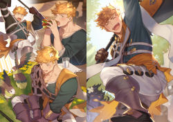 Rule 34 | 1boy, animal, bara, blonde hair, blush, brown gloves, clone, collage, cropped, gloves, granblue fantasy, granblue fantasy (style), green eyes, happy, higashigunkan, laughing, looking at viewer, male focus, multiple views, muscular, open mouth, paid reward available, pectorals, shirt, smile, thick thighs, thighs, toned, toned male, upper body, vane (granblue fantasy), watermark