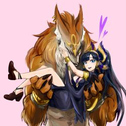 Rule 34 | 1boy, 1girl, bad id, bad pixiv id, black hair, blue eyes, breasts, brother and sister, carrying, claws, cleavage, dress, fur, gradient background, heart, husband and wife, kachina, nephthys (p&amp;d), ponytail, princess carry, puzzle &amp; dragons, set (p&amp;d), siblings, smile, wolf, yellow eyes