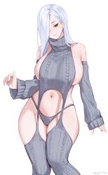 1girl alternate_costume areola_slip blue_lips breasts detached_sleeves dopirin earrings fate/grand_order fate_(series) grey_panties grey_sweater grey_thighhighs hair_over_one_eye highres jewelry lipstick long_hair makeup meme_attire mrs._snake_(fate) navel panties sideboob simple_background slit_pupils smile stomach sweater thighhighs thighs underwear virgin_destroyer_sweater white_background white_hair yellow_eyes