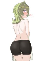Rule 34 | 1girl, absurdres, ahoge, artist request, ass, bare shoulders, bike shorts, black shorts, blush, cameltoe, collei (genshin impact), embarrassed, from behind, genshin impact, green hair, highres, long hair, looking at viewer, looking back, open mouth, purple eyes, short shorts, shorts, solo, tears, topless, translation request
