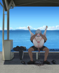 Rule 34 | 1boy, 1girl, absurdres, aftersex, anastasia (idolmaster), anus, barefoot, bench, blue eyes, blue sky, blush, breasts, censored, clothed male nude female, cloud, commission, completely nude, crocs, cum, cum pool, dark-skinned male, dark skin, dot nose, fingernails, flaccid, folded, full body, full nelson, gokome, grey hair, hetero, highres, idolmaster, idolmaster cinderella girls, interracial, large breasts, large penis, legs up, mosaic censoring, muscular, muscular male, navel, nipples, nude, ocean, open mouth, outdoors, penis, pussy, short hair, skeb commission, sky, soles, solo focus, spread legs, stomach, sweat, toes, unworn clothes