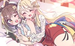 Rule 34 | 2girls, ;d, ^ ^, atelier (series), atelier ryza, atelier ryza 1, black gloves, blonde hair, breasts, brown eyes, brown hair, brown hairband, cleavage, closed eyes, collared shirt, from side, gloves, hairband, highres, honkawa works, klaudia valentz, large breasts, long hair, looking at viewer, multiple girls, one eye closed, open mouth, red shorts, reisalin stout, shirt, short hair, short shorts, shorts, sleeveless, sleeveless shirt, smile, white headwear