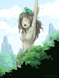 Rule 34 | 1girl, armpits, breasts, colored skin, day, dryad, closed eyes, female focus, giant, giantess, grey skin, head tilt, monster girl, nature, no nipples, open mouth, original, outdoors, plant, plant girl, solo, standing, stretching, topfreedom, topless, twitter username, yamanobe, yawning