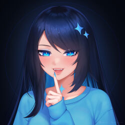 Rule 34 | 1girl, absurdres, anna o renko, black hair, blue eyes, blue hair, blue nails, dark background, fangs, finger to mouth, hair ornament, highres, long hair, looking at viewer, multicolored hair, neck tattoo, open mouth, original, solo, tattoo, upper body