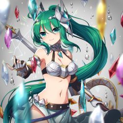 Rule 34 | 1girl, ahoge, aqua eyes, arm guards, armor, artemis (p&amp;d), bare shoulders, belt, bikini armor, blurry, blush, breasts, cleavage, closed mouth, collarbone, constellation, cowboy shot, earrings, elbow gloves, fingerless gloves, floating, floating object, gem, gloves, gradient background, green hair, grey eyes, grey gloves, grey skirt, hair ornament, head tilt, high ponytail, highres, holding, holding weapon, jewelry, kozakura (dictionary), long hair, looking at viewer, medium breasts, navel, outstretched arm, pelvic curtain, puzzle &amp; dragons, sidelocks, skirt, smile, solo, stomach, very long hair, water drop, weapon, wrist guards