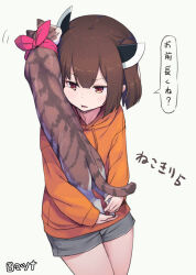 Rule 34 | 1girl, animal, animal on shoulder, artist name, blade, bow, brown eyes, brown hair, cat, cat on shoulder, cheek press, cowboy shot, from above, grey shorts, headgear, hibi tsuna, highres, holding, holding animal, holding cat, hood, hood down, hoodie, light blush, long sleeves, looking at another, looking to the side, open mouth, orange hoodie, raised eyebrow, red bow, short hair, short shorts, short twintails, shorts, simple background, solo focus, speech bubble, touhoku kiritan, twintails, voiceroid, white background