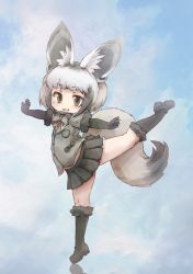 Rule 34 | 1girl, :3, animal ear fluff, animal ears, arched back, balancing, bat-eared fox (kemono friends), black hair, bow, bowtie, commentary request, elbow gloves, fox ears, fox tail, full body, fur trim, gloves, green eyes, grey hair, highres, jacket, kemono friends, kolshica, loafers, multicolored hair, open mouth, pleated skirt, shoes, short hair, short sleeves, skirt, socks, solo, standing, standing on one leg, tail