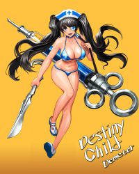 Rule 34 | 1girl, :d, absurdres, alternate costume, bare arms, bare legs, bare shoulders, bikini, black hair, blue bikini, blue eyes, blue neckwear, breasts, cain (grt1125), character name, choker, cleavage, collarbone, copyright name, cross print, demeter (destiny child), destiny child, dress, eyelashes, eyepatch, fang, full body, hat, highres, holding, large breasts, long hair, navel, nurse, nurse cap, one eye covered, open mouth, oversized object, scalpel, shoes, simple background, slit pupils, smile, solo, standing, standing on one leg, stomach, strap gap, swimsuit, syringe, twintails, underboob, very long hair, white footwear, white hat, yellow background
