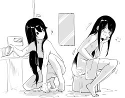 Rule 34 | 1boy, 1girl, barefoot, bathing, blush, breasts, brother and sister, closed mouth, commentary request, covering crotch, covering privates, fate (series), flying sweatdrops, from side, greyscale, highres, koha-ace, long hair, looking at another, looking back, mirror, mixed-sex bathing, monochrome, muchi maro, nipples, nude, oda nobukatsu (fate), oda nobunaga (fate), oda nobunaga (koha-ace), ponytail, shared bathing, siblings, sitting, small breasts, squatting, stool, towel, wet, wet hair