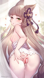 Rule 34 | 1girl, after vaginal, aftersex, animal ears, anus, arched bangs, ass, blunt bangs, blush, breasts, brown eyes, brown hair, censored, clothes pull, commentary request, criss-cross halter, cum, cum in pussy, cumdrip, dress, dress pull, female focus, from behind, granblue fantasy, green eyes, hair ornament, halterneck, heterochromia, highres, long hair, looking at viewer, looking back, mosaic censoring, nipples, parted lips, petite, pholia, pholia (yukata), pussy, revision, short eyebrows, small breasts, solo, thick eyebrows, very long hair, white dress, yellowpaint.