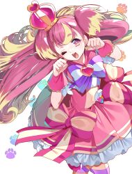 Rule 34 | 1girl, ;d, absurdres, blonde hair, bow, brooch, cure wonderful, dress, dress bow, earrings, fingernails, head tilt, heart, heart-shaped pupils, heart brooch, highres, inukai komugi, jewelry, long hair, looking at viewer, magical girl, multicolored bow, multicolored hair, multicolored pantyhose, one eye closed, open mouth, pantyhose, paw pose, paw print, paw print background, petticoat, pink dress, pink footwear, pink hair, pink nails, pink wrist cuffs, pouch, precure, purple bow, purple eyes, shoes, short dress, simple background, smile, solo, standing, standing on one leg, streaked hair, striped bow, striped clothes, striped pantyhose, symbol-shaped pupils, two-tone hair, two side up, white background, wonderful precure!, wrist cuffs, yuutarou (fukiiincho)