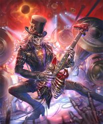 Rule 34 | \n/, artist request, chain, concert, eclipse, electric guitar, guitar, hat, he who once rocked, instrument, jacket, leather, leather jacket, leather pants, long hair, music, official art, pants, playing instrument, ribs, shadowverse, skeleton, solar eclipse, speaker, spotlight, top hat, white hair