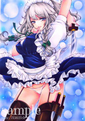 Rule 34 | 1girl, apron, arm up, blue background, blue dress, blue eyes, braid, breasts, brown thighhighs, clothes lift, covered erect nipples, dress, finger to mouth, frilled skirt, frills, garter straps, green ribbon, hair between eyes, hair ribbon, holding, holding knife, holster, izayoi sakuya, knife, knife sheath, large breasts, lips, looking at viewer, maid, maid apron, maid headdress, mktr (princess mktr), panties, ribbon, sample watermark, sheath, short hair, short sleeves, silver hair, skirt, skirt lift, smile, solo, thigh holster, thighhighs, touhou, traditional media, tress ribbon, twin braids, underwear, watermark