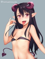 Rule 34 | 1girl, :p, bandeau, bare arms, bare shoulders, bikini, black bikini, black hair, breasts, collarbone, demon girl, demon horns, fang, fellatio gesture, flat chest, hair between eyes, heart, horns, kurowan, long hair, looking at viewer, monster girl, navel, open mouth, original, pinky out, pointy ears, red eyes, sexually suggestive, side-tie bikini bottom, simple background, small breasts, solo, stomach, strapless, swimsuit, tongue, tongue out, twitter username, upper body