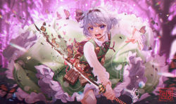 Rule 34 | 1girl, adapted costume, ahoge, ammunition pouch, blouse, bug, butterfly, butterfly on hand, collared shirt, cutting, daikazoku63, frown, hairband, highres, holding, holding sword, holding weapon, insect, katana, konpaku youmu, long sleeves, looking at viewer, open mouth, pink background, pouch, purple eyes, shirt, short hair, silver hair, slashing, solo, sword, teeth, touhou, weapon, white shirt