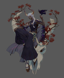 Rule 34 | 1boy, animal, animal on hand, animal skull, arm tattoo, bird, blue pants, blue shirt, braid, braided ponytail, chinese commentary, closed mouth, cow horns, full body, geta, grey background, groin, hair over shoulder, hakama, hakama pants, hand on own knee, hands up, highres, hip vent, horns, japanese clothes, knee up, lian yao, long hair, looking at viewer, lowleg, male focus, original, pants, personification, pleated pants, purple lips, shirt, side braid, sitting, skin tight, skull, sleeveless, smile, socks, solo, tabi, tattoo, taurus (zodiac), turtleneck, white hair, white socks, yellow eyes, zodiac