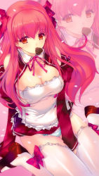 Rule 34 | 1girl, amane (dream c club), bow, breasts, cleavage, detached sleeves, dream c club, dream c club (series), hair bow, heart, large breasts, long hair, maid, mary janes, min-naraken, mouth hold, panties, petals, red eyes, red hair, ribbon, shoes, solo, striped clothes, striped panties, thighhighs, underwear, waitress, zoom layer