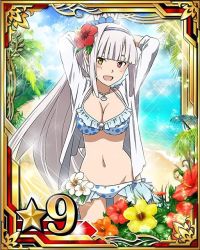 Rule 34 | 10s, 1girl, arms behind head, beach, bikini, breasts, card (medium), cleavage, day, flower, groin, hair flower, hair ornament, hairband, heterochromia, hibiscus, high ponytail, jacket, jewelry, large breasts, long hair, looking at viewer, navel, necklace, ocean, open clothes, open jacket, open mouth, orange flower, red eyes, red flower, silver hair, solo, star (symbol), swimsuit, sword art online, white bikini, white flower, white jacket, yellow eyes, yellow flower