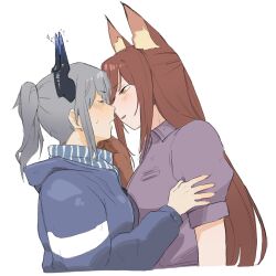 Rule 34 | 2girls, animal ear fluff, animal ears, arknights, blush, brown gloves, brown hair, closed eyes, dragon girl, dragon horns, face-to-face, fox ears, fox girl, franka (arknights), gloves, grey hair, half-closed eyes, hand on another&#039;s arm, hand on another&#039;s chin, highres, horns, hug, imminent kiss, liskarm (arknights), long hair, looking at another, multiple girls, open mouth, pom dovu, ponytail, sweat, white background, yuri