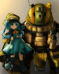 Rule 34 | 1girl, blue eyes, blue hair, boots, cabbie hat, capelet, hair bobbles, hair ornament, hat, kawashiro nitori, long hair, long sleeves, matching hair/eyes, mecha, pocket, robot, rubber boots, shirt, skirt, solo, touhou, twintails, two side up, vest, zibun owl