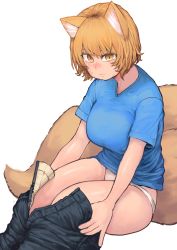 Rule 34 | 1girl, absurdres, animal ears, blonde hair, blue shirt, blush, breasts, chanta (ayatakaoisii), closed mouth, colored eyelashes, denim, dressing, expressionless, fox ears, fox tail, hair between eyes, highres, jeans, large breasts, looking down, multiple tails, no headwear, panties, pants, shiny skin, shirt, short hair, simple background, sitting, slit pupils, solo, sweatdrop, tail, thick thighs, thighs, touhou, underwear, white background, white panties, yakumo ran, yellow eyes