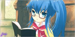 Rule 34 | 00s, blue eyes, blue hair, book, glasses, nanatsuiro drops, open book, ponytail, reading, solo, yuuki nona