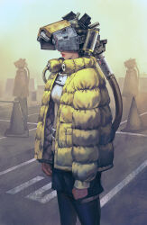 Rule 34 | 1girl, 2others, black pantyhose, black shorts, down jacket, fog, helmet, highres, jacket, multiple others, noba, original, outdoors, pantyhose, parted lips, science fiction, shirt, shorts, standing, traffic cone, white shirt, yellow jacket