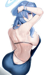 Rule 34 | 1girl, absurdres, ako (blue archive), ako (dress) (blue archive), ass, back, backless dress, backless outfit, bare shoulders, blue archive, blue dress, blue eyes, blue hair, blush, bracelet, breasts, butt crack, dress, hair between eyes, hairband, halo, highres, jewelry, kazane-wind, large breasts, looking at viewer, looking back, medium hair, official alternate costume, sideboob, solo, sweat