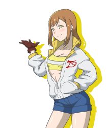Rule 34 | 1girl, absurdres, artist name, artist request, bandeau, bare legs, blue pants, blush, breasts, brown eyes, brown gloves, brown hair, cleavage, collarbone, collared jacket, female focus, gloves, hair between eyes, half-closed eyes, hand in pocket, highres, jacket, kunikida hanamaru, light brown hair, long hair, looking at viewer, love live!, love live! sunshine!!, pants, parted lips, short pants, small breasts, smile, solo, white background, white jacket, yellow bandeau, yellow eyes, zipper, zipper pull tab