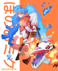 Rule 34 | 1girl, absurdres, ahoge, blue eyes, blue fire, blue hair, brown footwear, commentary request, creatures (company), fire, fire miku (project voltage), game freak, gloves, grin, hair between eyes, hatsune miku, highres, jacket, jewelry, leaning, lime galaxy, long hair, long sleeves, necklace, nintendo, off shoulder, open clothes, open jacket, pokemon, pokemon (creature), project voltage, shoes, skeledirge, smile, teeth, twintails, vocaloid, white gloves