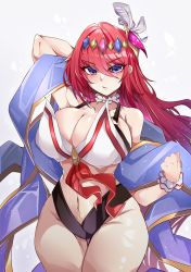 Rule 34 | 1girl, alexiel (summer) (granblue fantasy), arm up, blue eyes, breasts, cleavage, feathers, godsworn alexiel, granblue fantasy, headgear, highres, kive, large breasts, long hair, navel, red hair, solo, swimsuit