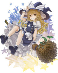 Rule 34 | 1girl, apron, blonde hair, bloomers, boots, broom, broom riding, brown eyes, grin, hand on headwear, hat, holding, holding hat, kirisame marisa, masakichi, official art, smile, solo, star (symbol), strange creators of outer world, touhou, underwear, wrist cuffs