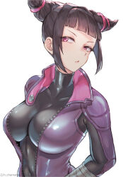 Rule 34 | 1girl, artist name, black bodysuit, black hair, bodysuit, breasts, chamame, closed mouth, greyscale, hair ornament, han juri, highres, large breasts, looking at viewer, monochrome, pink eyes, simple background, solo, street fighter, street fighter v, upper body, white background, zipper