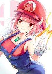 Rule 34 | 1girl, alternate costume, ass, bare shoulders, bob cut, breasts, chest jewel, cosplay, earrings, fire, hat, highres, jewelry, karuushi, large breasts, mario, mario (cosplay), mario (series), nintendo, overalls, pyra (xenoblade), red eyes, red hair, red shirt, shirt, short hair, sleeveless, sleeveless shirt, smile, solo, super smash bros., swept bangs, xenoblade chronicles (series), xenoblade chronicles 2