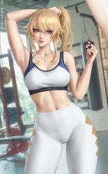 Rule 34 | 1girl, arm up, bare shoulders, bench, bench press, blonde hair, blue eyes, bra, breasts, cleavage, closed mouth, commentary, crop top, earrings, english commentary, genshin impact, gym, hair tie, high-waist pants, highres, indoors, jean (genshin impact), jewelry, leggings, lips, looking at viewer, medium breasts, midriff, mirror, navel, necklace, pants, pink lips, plate, ponytail, punching bag, sciamano240, skin tight, skindentation, sleeveless, solo, sports bra, sportswear, sweat, sweatdrop, thick lips, thick thighs, thighs, two-tone sports bra, tying hair, underwear, weights, white bra, white leggings