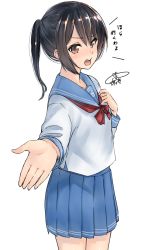 Rule 34 | 1girl, black hair, blue sailor collar, blue shirt, blue skirt, blush, bow, bowtie, brown eyes, cowboy shot, foreshortening, hair between eyes, hand on own chest, highres, long sleeves, open mouth, original, pleated skirt, ponytail, red bow, red bowtie, sailor collar, school uniform, serafuku, shirt, signature, simple background, skirt, standing, translated, white background, yuki arare