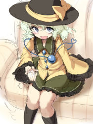 Rule 34 | 1girl, ario, black socks, blue eyes, come hither, couch, female focus, from above, green hair, hat, hat ribbon, heart, heart of string, kneehighs, komeiji koishi, lap pillow invitation, looking at viewer, open mouth, patting, ribbon, sitting, sketch, smile, socks, solo, third eye, touhou
