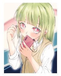 Rule 34 | 1girl, absurdres, blunt bangs, blush, border, brown sweater vest, cable, cellphone, collared shirt, commentary request, covered mouth, earphones, green hair, gumi (guminghc), hands up, highres, holding, holding earphones, holding phone, long hair, looking at viewer, neck ribbon, original, phone, red eyes, red ribbon, ribbon, shirt, smartphone, solo, sweater vest, upper body, white border, white shirt