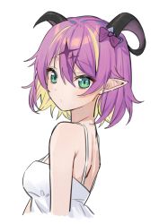 Rule 34 | 1girl, absurdres, alternate costume, alternate hair length, alternate hairstyle, aqua eyes, blonde hair, breasts, closed mouth, colored inner hair, commentary, demon horns, dress, hair between eyes, hair ribbon, highres, hololive, horns, looking at viewer, looking back, mano aloe, medium breasts, multicolored hair, pointy ears, purple hair, purple ribbon, ribbon, short hair, simple background, sleeveless, sleeveless dress, solo, spaghetti strap, streaked hair, syhan, two-tone hair, upper body, virtual youtuber, white background, white dress